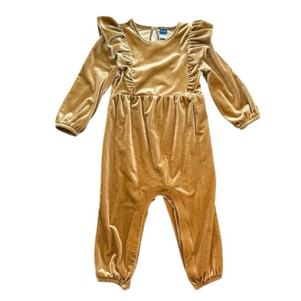 Old Navy Romper Gold Velvet Ruffle-Shoulder Size: 18-24 months